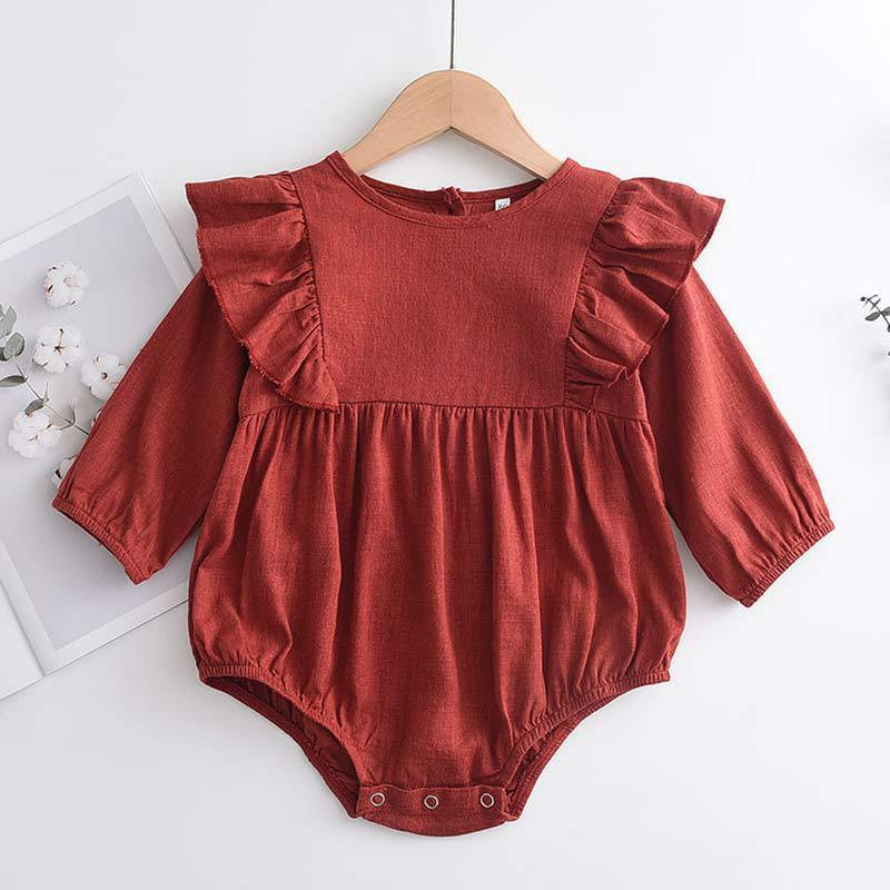 Firebrick Red Baby Girl Ruffled Long Sleeve Romper Bodysuit