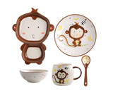 Generic Ceramic Porcelain Tableware Set Monkey, ceramic tableware set featuring a cute monkey design on a plate, bowl, mug, spoon, and a unique monkey-shaped dish.