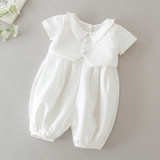 OONA 2 PCS Baptism White Satin Suit with Hat, white satin baby baptismal outfit with cape and coordinating hat.