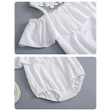 Generic Ivory White Off Shoulder Romper Round Collar, close-up of the off-shoulder design with ruffle details and elasticized leg openings for a comfortable fit.