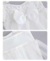 OONA Embroidery White Net Dress Romper with Front Bow, close-up of embroidered floral lace and tulle fabric, showcasing the elegant bow accessory.
