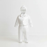 OONA Baptism Set Long Sleeve Shirt Pants Vest Hat, white satin baby baptism outfit with embroidered dove design on vest