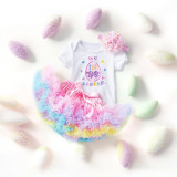 Generic First Easter Sets Tutu Skirt Short Sleeve Romper, baby girl's Easter dress with a colorful tulle tutu skirt and a white short-sleeve romper featuring Easter-themed embroidery.