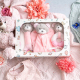 Generic Gift Pack Bear Accessories And Blanket Pink, pink bear plush toys, and baby blanket in a gift box, suitable for newborns or baby gifts.