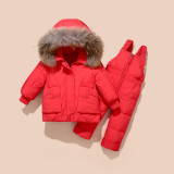 Generic Snowsuit Set Winter Down Snow Suit, red insulated winter coat with a fur-lined hood and matching insulated pants for kids.