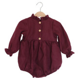 Generic Plains Ruffled Collar Long Sleeve Romper, maroon long sleeve baby romper with ruffled collar and button front.