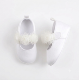 Generic White Floral Mary Jane Shoes With Headband, white baby shoes with decorative fabric flowers and pearl accents, along with a matching white headband featuring similar floral embellishments.
