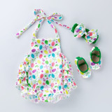 Generic Easter Egg Backless Romper Set, colorful Easter-themed print with ruffled details, matching headband and shoes for girls.