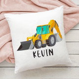 Minnie Me Personalised Pillow Cover for Children, featuring a graphic of a yellow construction backhoe loader and the name Keuin in bold black letters.