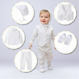 Minnie Me Charlie Baptism Suit, baby boy wearing a white baptismal outfit with accessories shown in circular insets including a hat, vest, shirt, pants, and shoes.