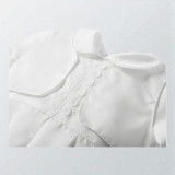 Minnie Me Jettson White Romper With Hat, elegant baby girl's white satin romper with lace detail and matching hat for special occasions.