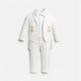Minnie Me Jack Christening 5-piece set, white formal clothing for baby with embroidered gold anchor details, including jacket, vest, shirt, trousers, and bow tie.