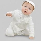 Minnie Me Austin Silver Cross Embroidery Set, Baby girl dressed in white in embroidery set with hood and buttons.
