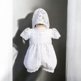 Minnie Me Emily Christening Romper, white lace baby christening outfit with bonnet and puffed sleeves.