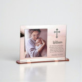 Minnie Me Personalized Photo Frame, clear acrylic photo frame with a picture of a woman holding a baby, featuring a cross symbol, name 'William', a biblical quote, and a date.