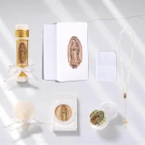 Minnie Me Baptism and First Communion Gift Set, religious-themed gift set includes candle, rosary, and keepsake box with images of the Virgin Mary, designed for baptism and first communion celebrations.