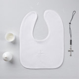 Minnie Me Embroidered Cross White Bib, a white baby bib with embroidered cross design, suitable for christening or special occasions.