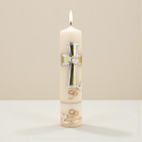 Minnie Me Authentic Unity Candles, a tall white candle with decorative gold, silver, and white accents including crosses, hearts, and doves, lit with a flickering flame.