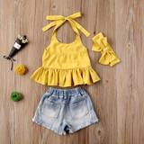 Strap Ruffle Tops Ripped Denim Short Pants