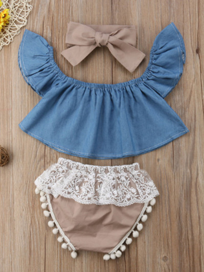 3Pcs Baby Blue Set Denim Tops Bloomer Headband