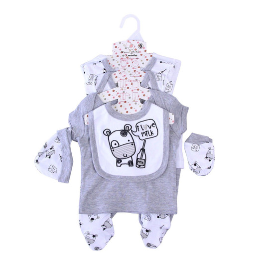 Generic Grey Cow 8-Piece Layette Set, baby clothing with cow print, includes bodysuit, mittens, and hat for infants 0-3 months.