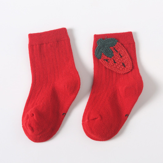Generic Red 3D Strawberry Fruit Socks, pair of red socks with a 3D embroidered strawberry design on one sock.
