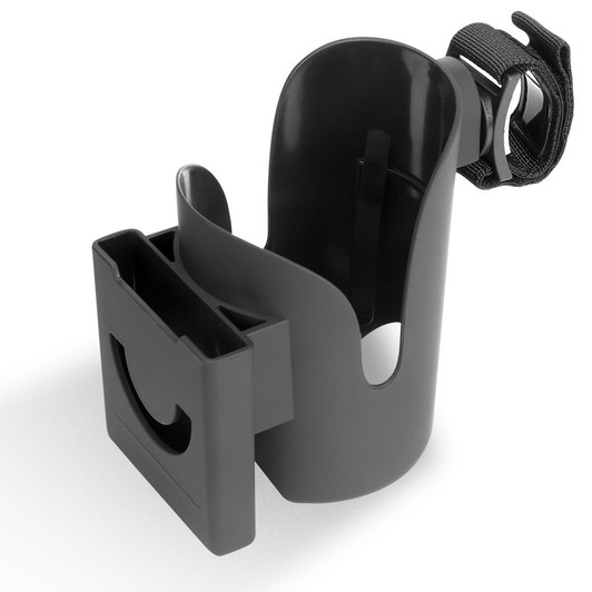 Joyren Cup Holder With Baby Stroller Hooks, black portable cup holder with attached hooks for stroller accessories.