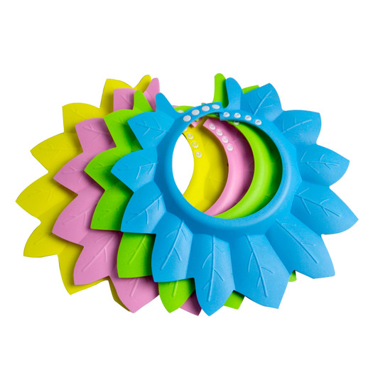 OONA Baby Maple Leaf Shower Hat Waterproof, colorful plastic baby shower hats styled as maple leaves in blue, pink, green, and yellow for waterproof protection.