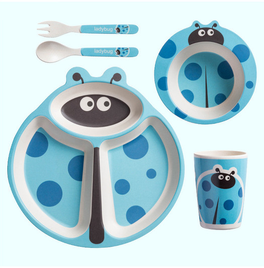 Generic Tiny Dining Bamboo Set Blue Ladybird, children's dinnerware set featuring a ladybug design with plates, cup, fork, and spoon.