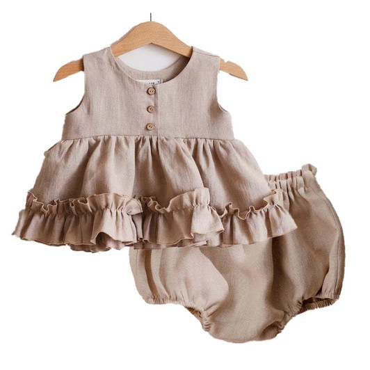 Baby Girls Linen Clay Color Ruffle Dress with Bloomer