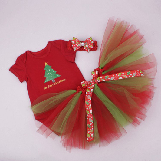Generic Christmas Tree Romper with Skirt & Bow, red and green tutu style skirt with a red romper featuring a Christmas tree and the text 'My First Christmas'