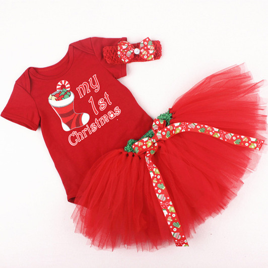 Baby Grils Christmas Romper with Skirt & Bow Headband