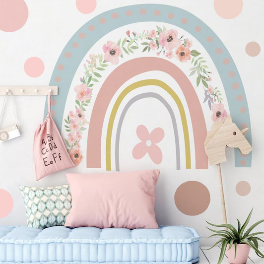 Generic Rainbow Wall Sticker Nursery Bedroom, colorful rainbow wall decal with pink flowers and pastel colors for a child's nursery or bedroom decor.
