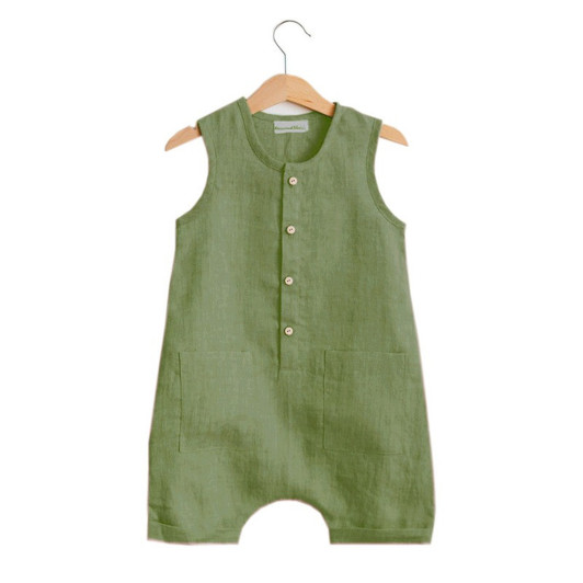 Generic Basic Linen Olive Green Beige Romper, sleeveless linen romper with buttons in front and two front pockets.