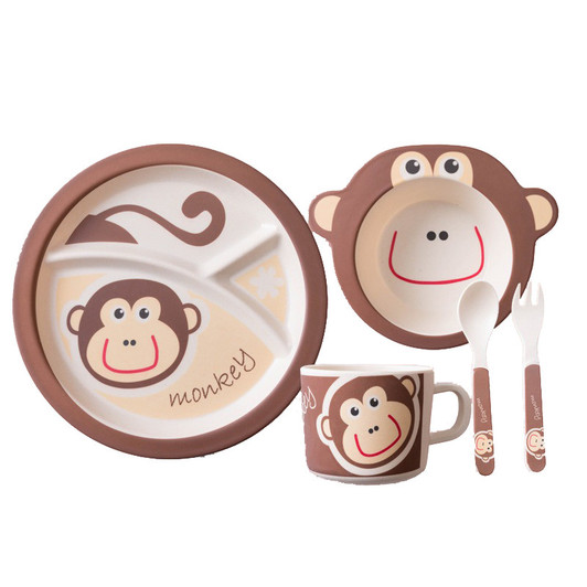 Generic 5Pcs Cute Monkey Bamboo Plates Sets, featuring a monkey face design on a plate, cup, spoon, and fork for children.