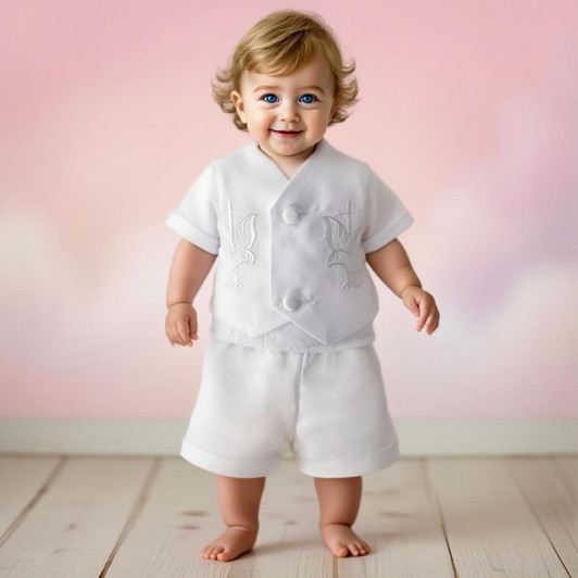 Baby Boy Baptism Set Short Sleeve Top with Short Vest & Hat