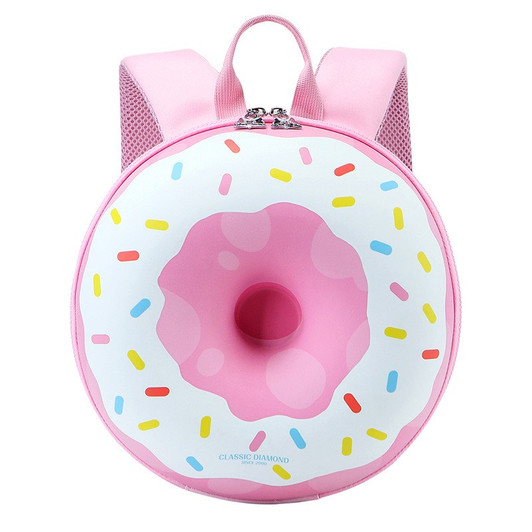 Generic Backpack Preschool Donut Series, pink backpack with donut design featuring colorful sprinkles and a raised pink donut hole.