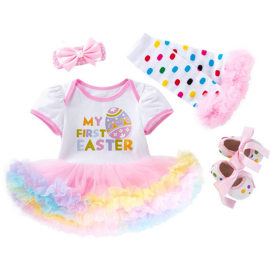 Generic My First Easter Set Romper Headband Warmers, baby girl outfit with a white and pink tutu dress, polka dot socks, pink shoes with bows, and a pink headband, perfect for Easter celebrations.