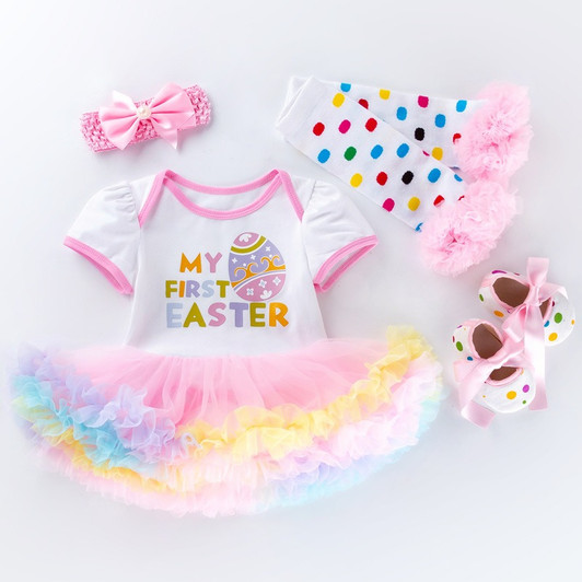 My First Easter Baby Girl Sets Fancy Infant Short Sleeve Romper+Tutu Skirt+Headband+Leg Warmers Clothes Set