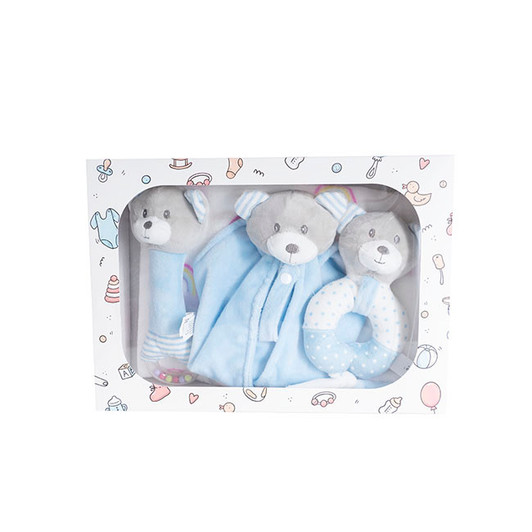 Generic Gift Pack Bear Accessories And Blanket Blue, package containing three soft bear plush toys, a blue blanket, and teething ring for baby.