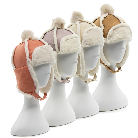 Generic Winter Bomber Hat Cute Pom, stylish winter hats with fluffy pom-poms and ear flaps in various colors displayed on mannequins.