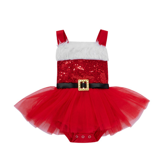 Generic Christmas Romper Sequins Short Romper Skirt, a festive red and white holiday-themed baby dress with sequined top, fluffy white fur trim, a tulle tutu skirt, and Santa belt detail.