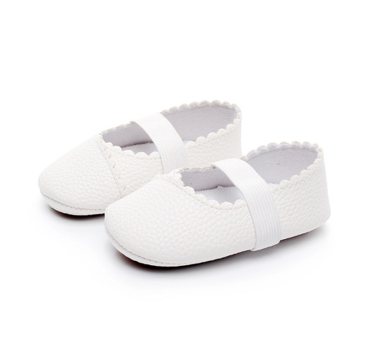 Generic Ballet Flat Soft Sole PU Leather Shoes, white baby ballet flats with elastic strap and scalloped edges.