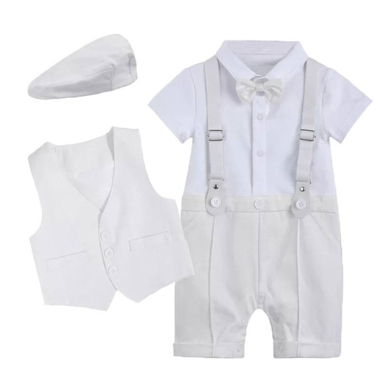 OONA White Romper Suit Boy Set Vest with Hat, baby boy formal clothing set including a white romper with suspenders, vest, hat, and bow tie.
