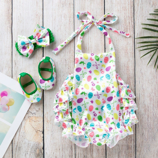 Generic Easter Egg Backless Romper Set, colorful Easter egg print with ruffled details and halter tie, includes matching bow headband and baby shoes, perfect for spring and Easter celebrations.