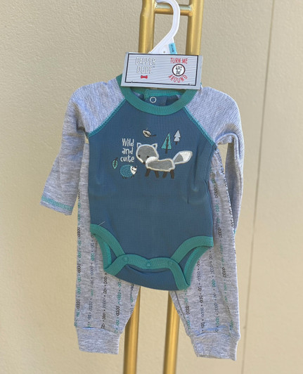 Generic Little Fox Layette Set 4 Piece, baby clothing set featuring a long sleeve shirt with a woodland animal embroidery and matching pants in soft grey with woodland print.