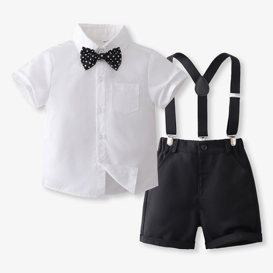 OONA Mike Short Suit Suspender, white short-sleeve shirt with black bow tie and black shorts with suspenders.