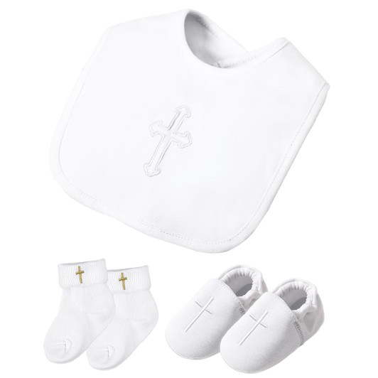 White Christening Accessory Set Shoes Socks and Bib
