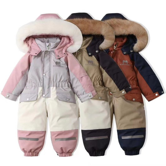 Minnie Me Waterproof Jumpsuit Kids Ski Suit, set of three children's winter jumpsuits with fur-lined hoods in pink, black, and brown colors.