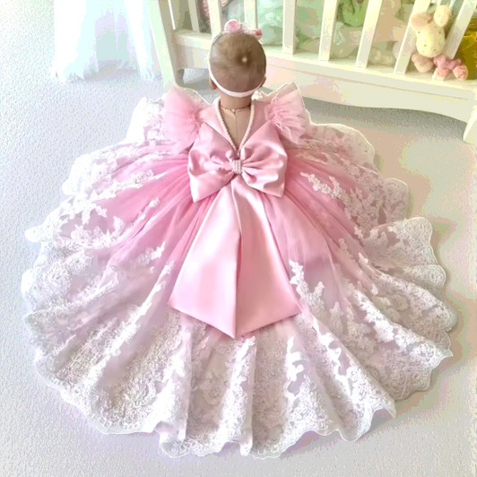 Sophia White Lace Christening Dress Image Pink